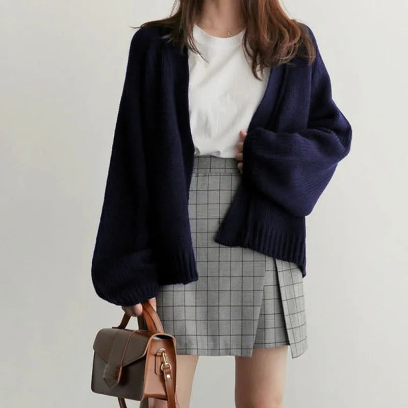 Balloon-Sleeve Cardigan Women, Soft Open-Front Knit Relaxed Fit
