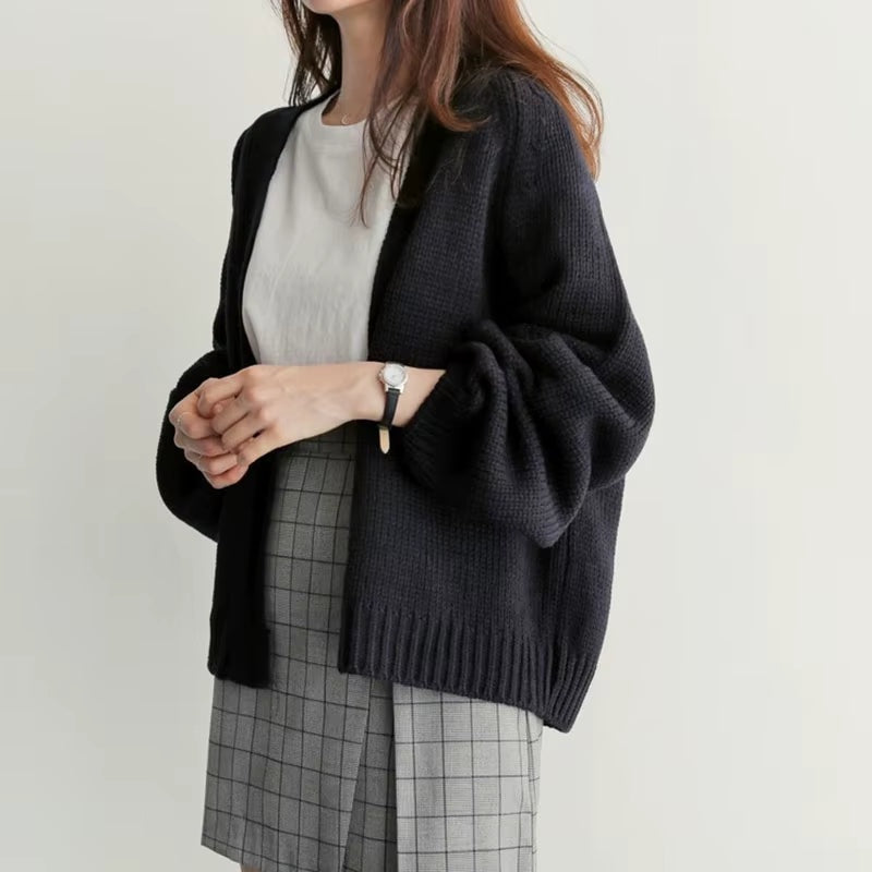 Balloon-Sleeve Cardigan Women, Soft Open-Front Knit Relaxed Fit
