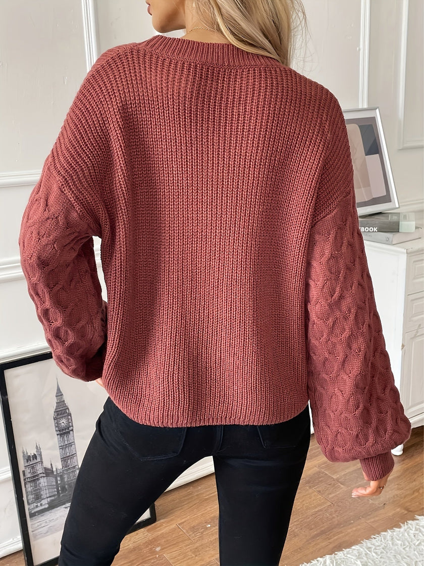 Knit Sweater Women Diamond Pattern Relaxed Fit Dropped Shoulder