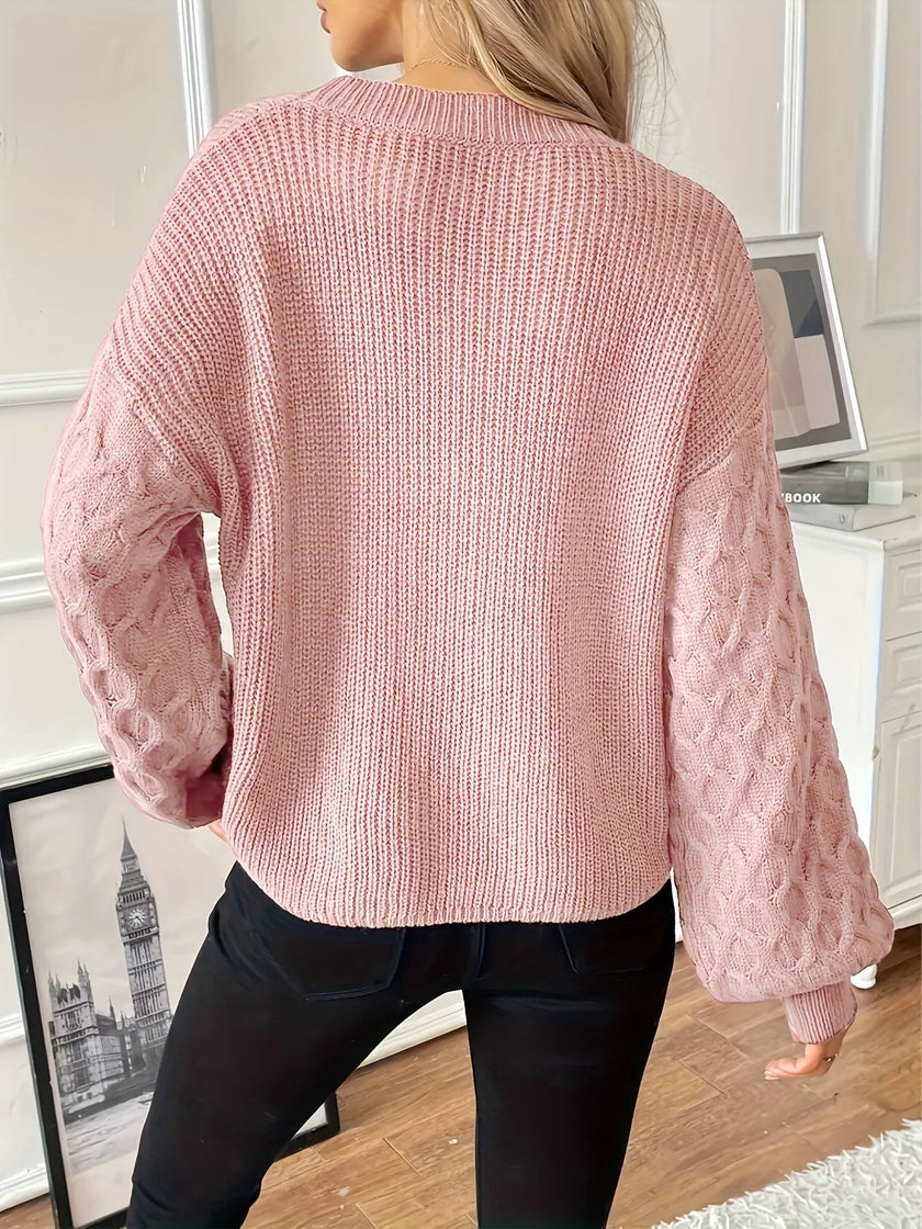Knit Sweater Women Diamond Pattern Relaxed Fit Dropped Shoulder