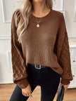 Knit Sweater Women Diamond Pattern Relaxed Fit Dropped Shoulder