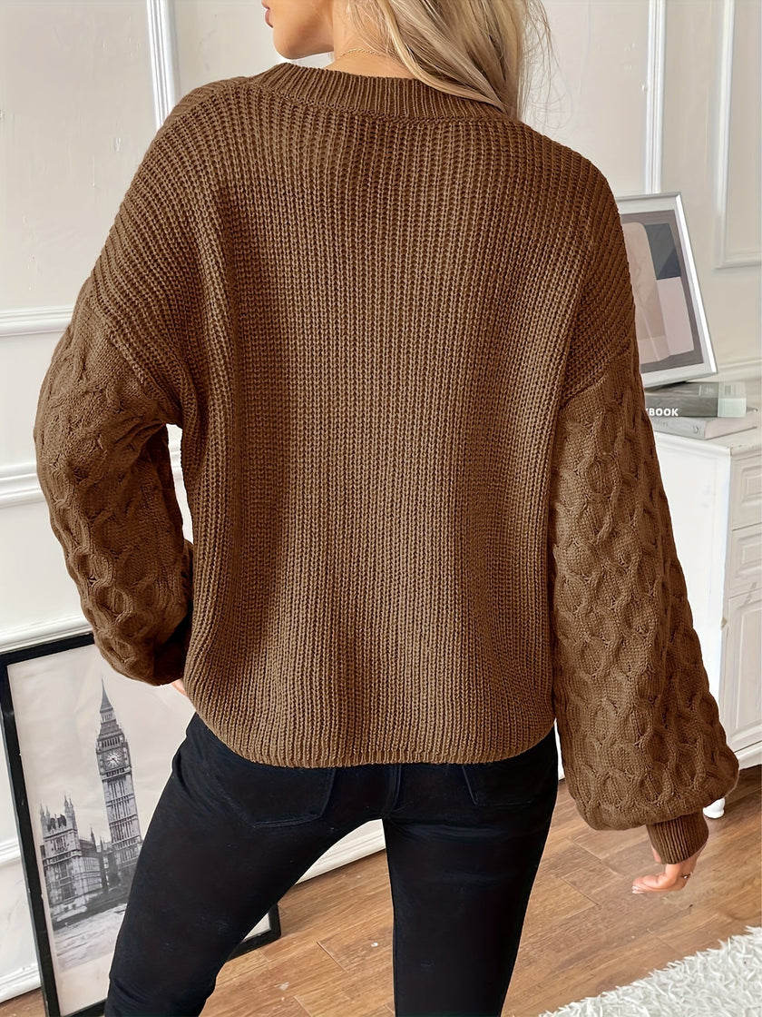 Knit Sweater Women Diamond Pattern Relaxed Fit Dropped Shoulder