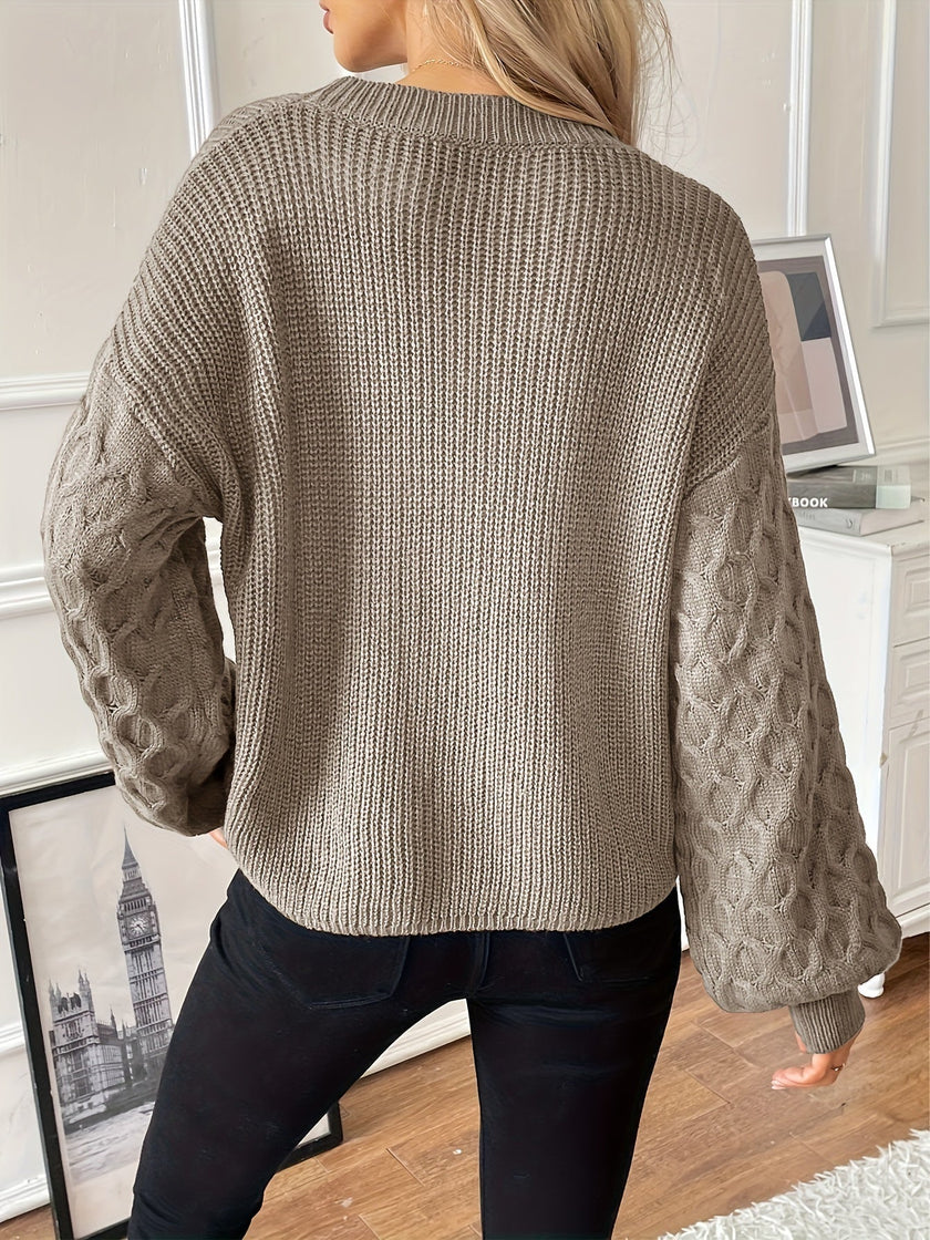Knit Sweater Women Diamond Pattern Relaxed Fit Dropped Shoulder