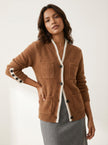 Knit Cardigan Women Button Front Patch Pockets Contrast Trim