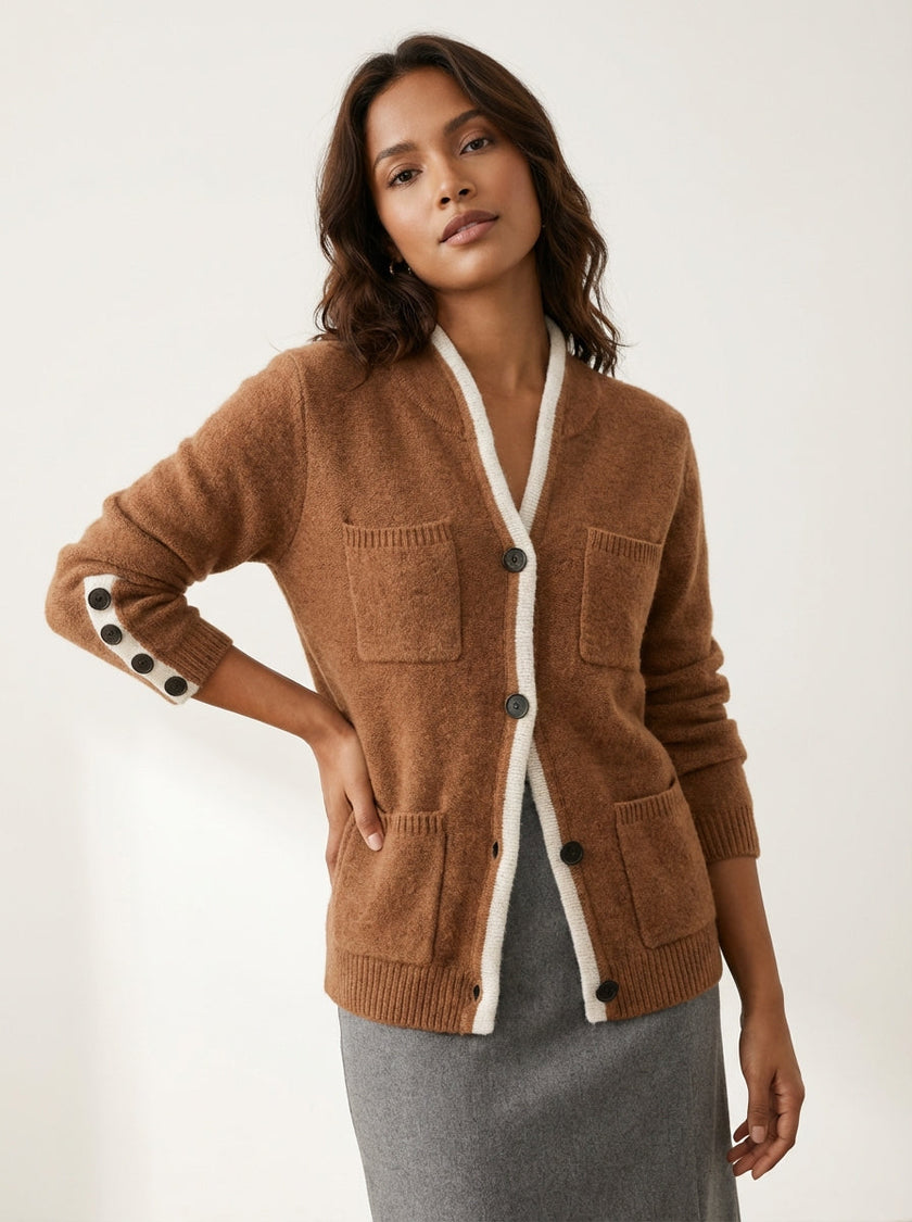 Knit Cardigan Women Button Front Patch Pockets Contrast Trim