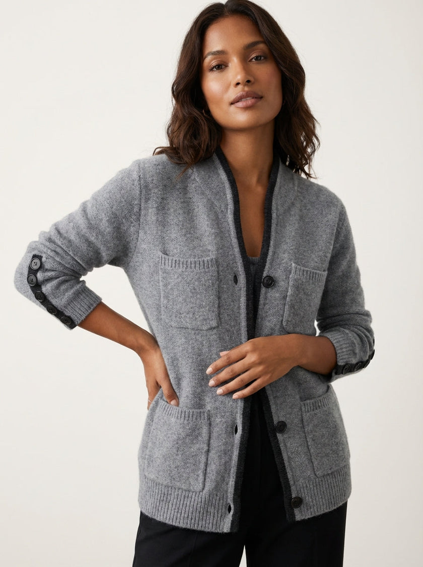 Knit Cardigan Women Button Front Patch Pockets Contrast Trim