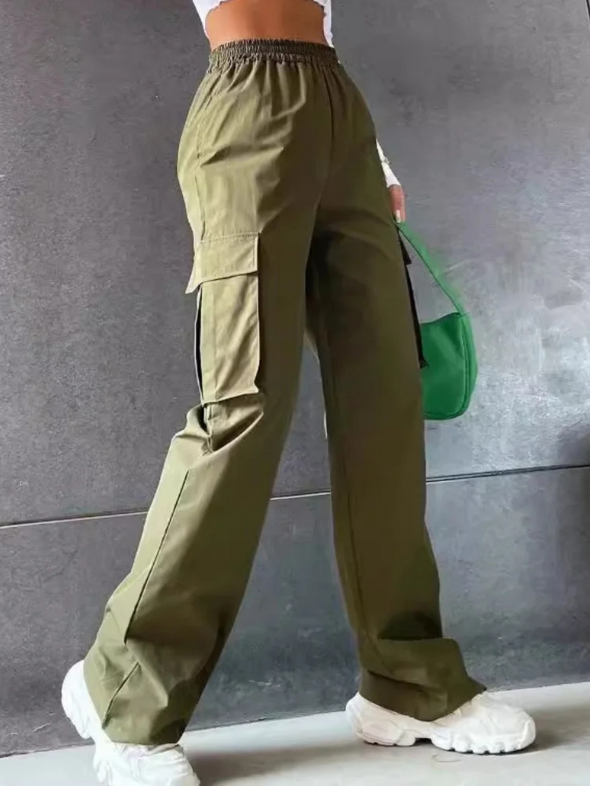 Wide Leg Cargo Trousers Women Cotton Blend High Waist Utility Pockets