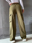 Wide Leg Cargo Trousers Women Cotton Blend High Waist Utility Pockets
