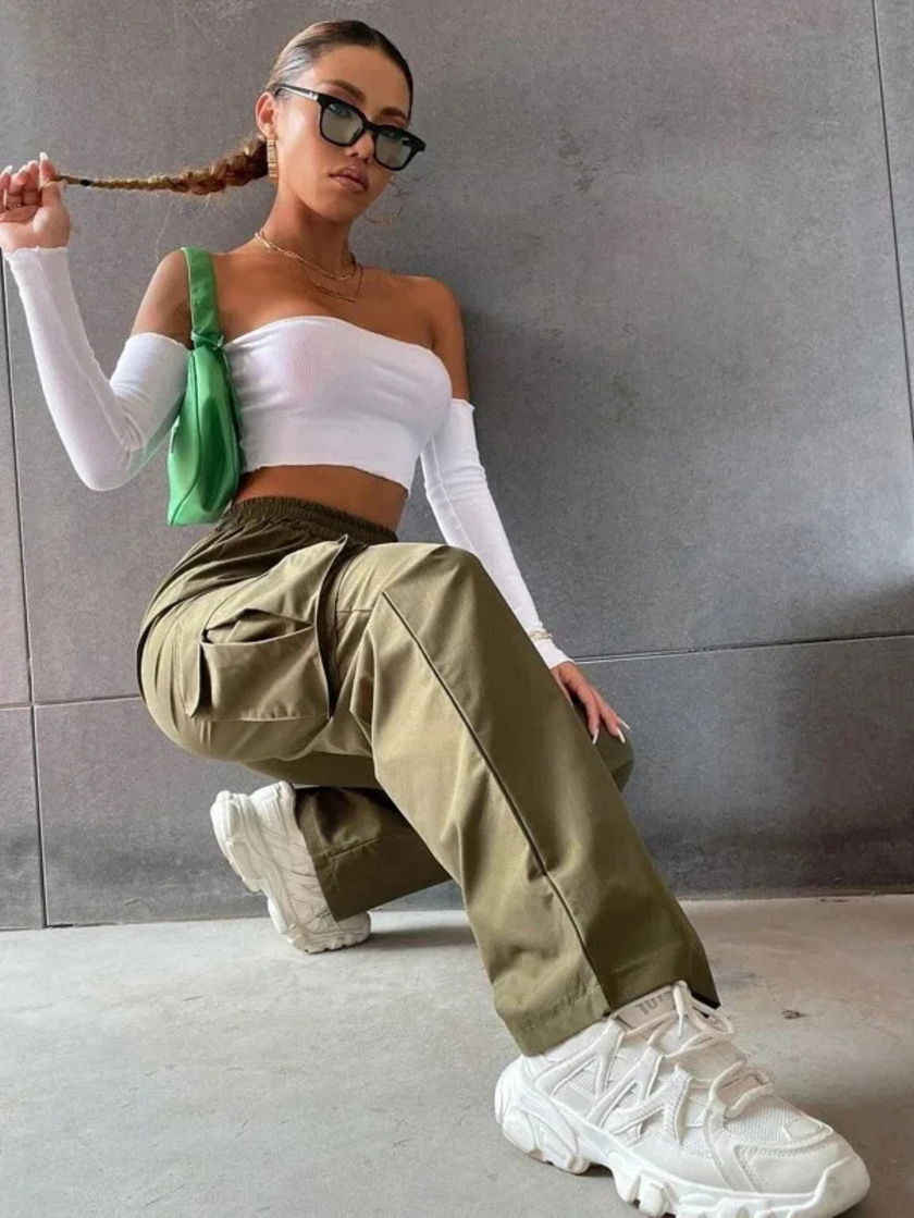 Wide Leg Cargo Trousers Women Cotton Blend High Waist Utility Pockets