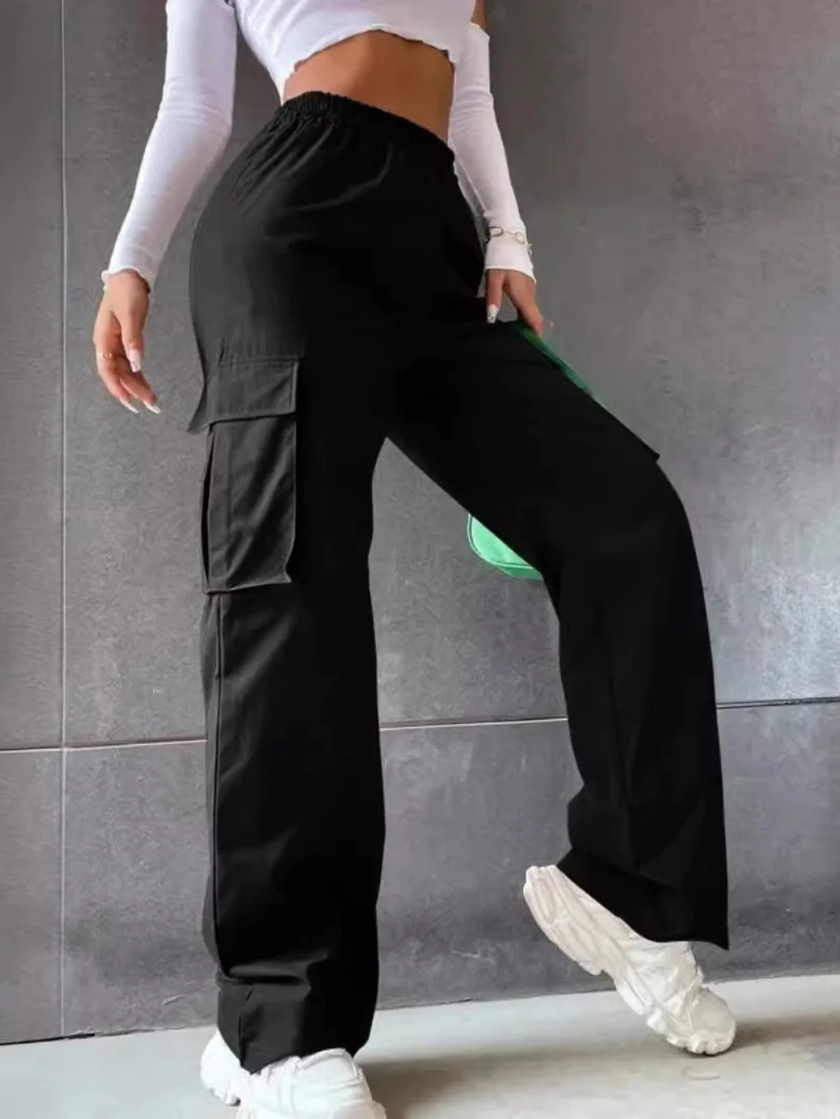 Wide Leg Cargo Trousers Women Cotton Blend High Waist Utility Pockets