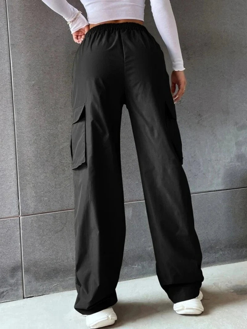 Wide Leg Cargo Trousers Women Cotton Blend High Waist Utility Pockets
