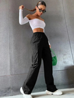Wide Leg Cargo Trousers Women Cotton Blend High Waist Utility Pockets