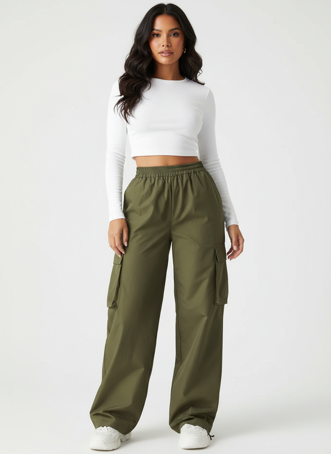 Wide Leg Cargo Trousers Women Cotton Blend High Waist Utility Pockets