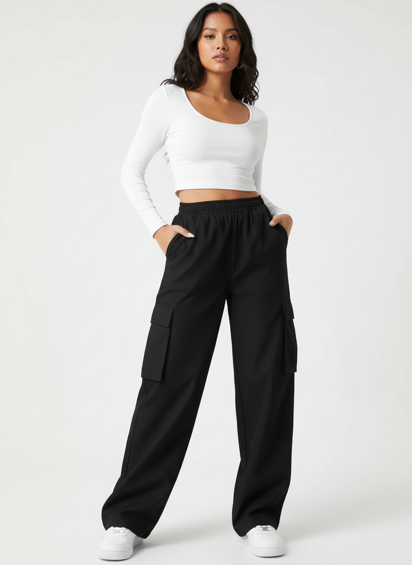 Wide Leg Cargo Trousers Women Cotton Blend High Waist Utility Pockets