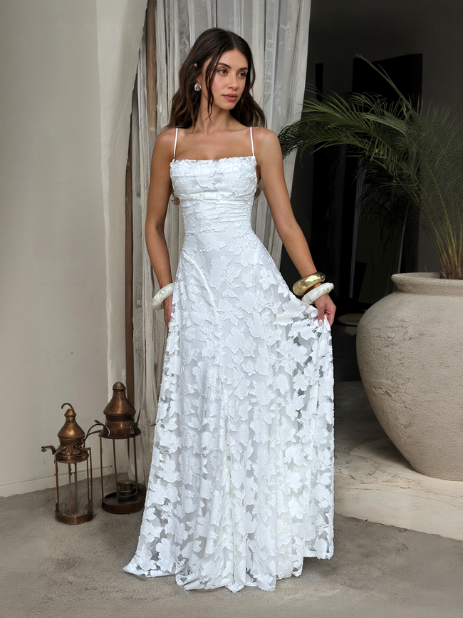 FJØRNA elegant floral lace spaghetti strap maxi dress for women, featuring intricate lace details and a flowing evening style.