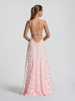 Elegant floral lace spaghetti strap maxi dress for women by FJØRNA, featuring a flowing silhouette and intricate lace details.