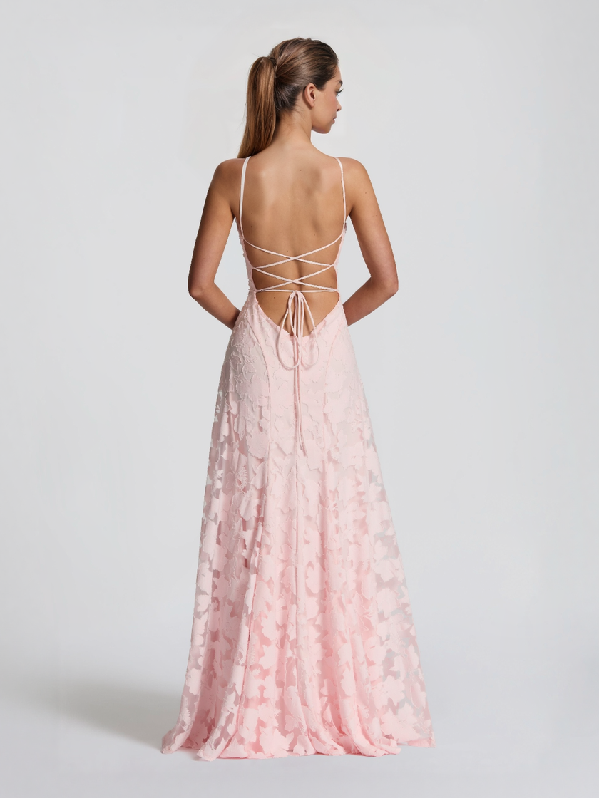 Elegant floral lace spaghetti strap maxi dress for women by FJØRNA, featuring a flowing silhouette and intricate lace details.