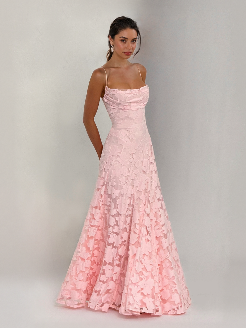 Elegant floral lace spaghetti strap maxi dress for women by FJØRNA, featuring a flowing design perfect for evening occasions.