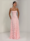 FJØRNA elegant floral lace spaghetti strap maxi dress for women, featuring a flowing design and intricate lace details for evening wear.