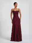 FJØRNA elegant floral lace maxi dress with spaghetti straps, designed for women, perfect for evening occasions.