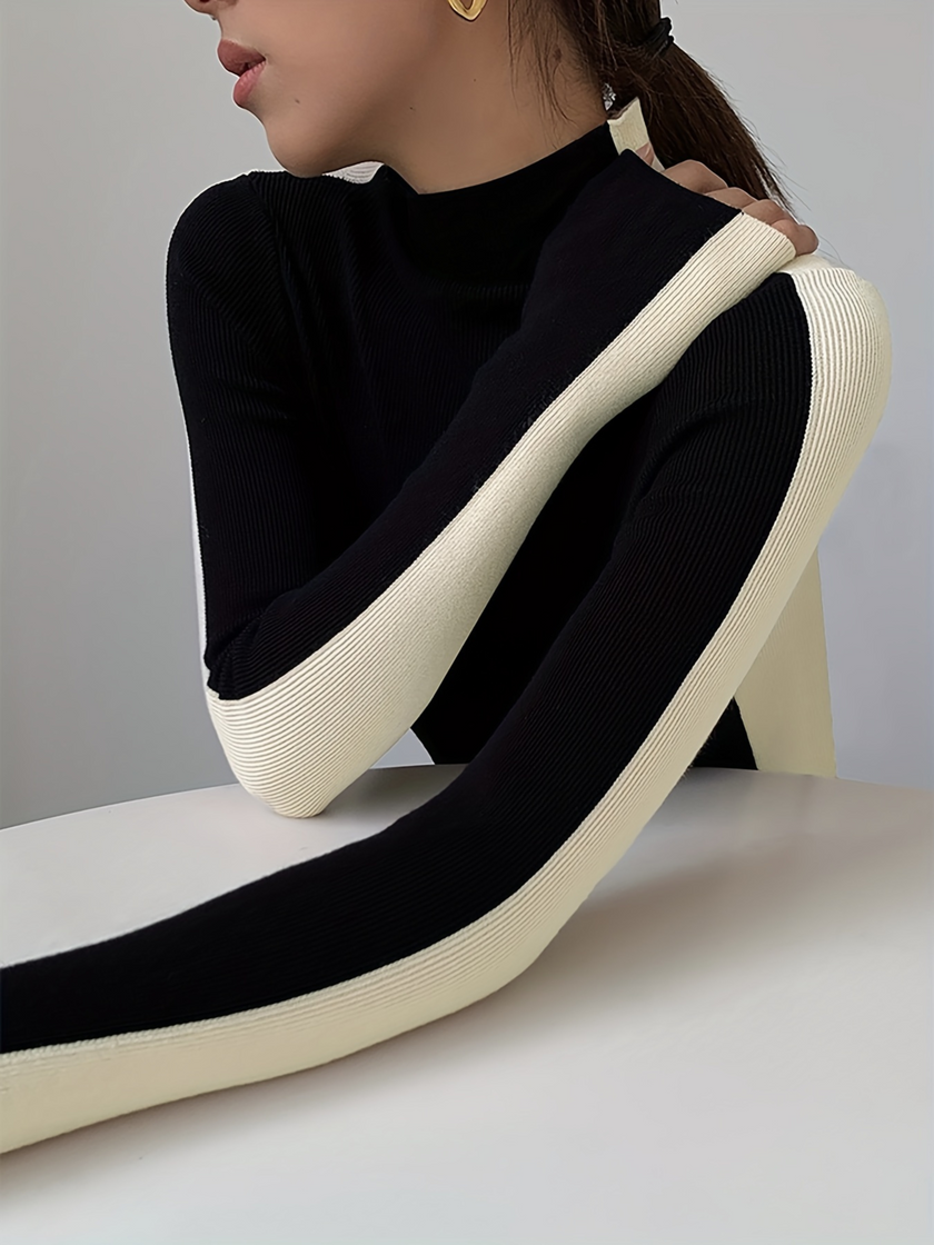 Turtleneck Sweater Women Contrast Sleeve Slim Fit