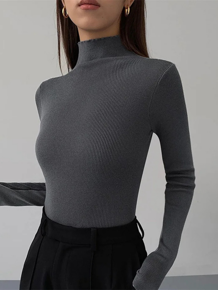 Turtleneck Sweater Women Contrast Sleeve Slim Fit