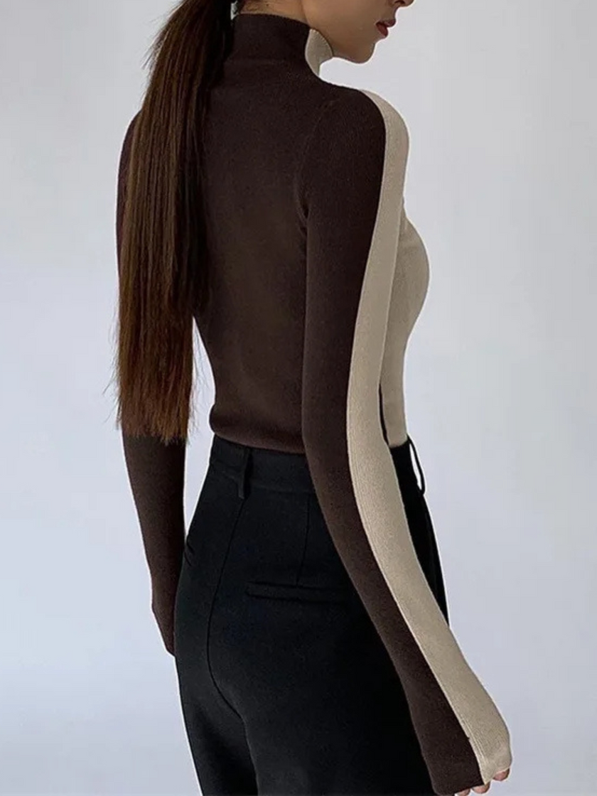 Turtleneck Sweater Women Contrast Sleeve Slim Fit