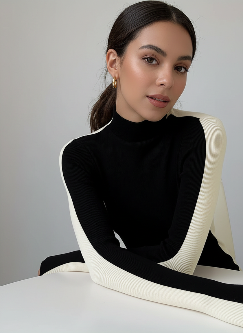 Turtleneck Sweater Women Contrast Sleeve Slim Fit