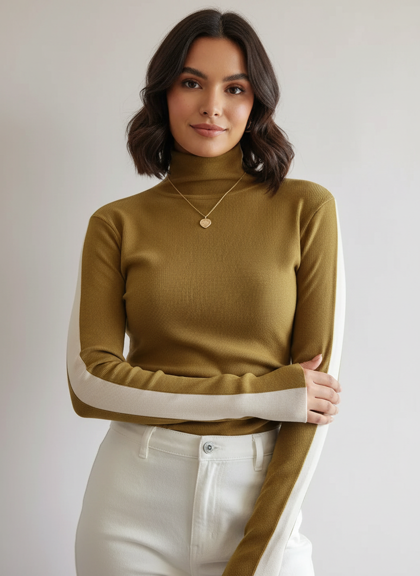 Turtleneck Sweater Women Contrast Sleeve Slim Fit