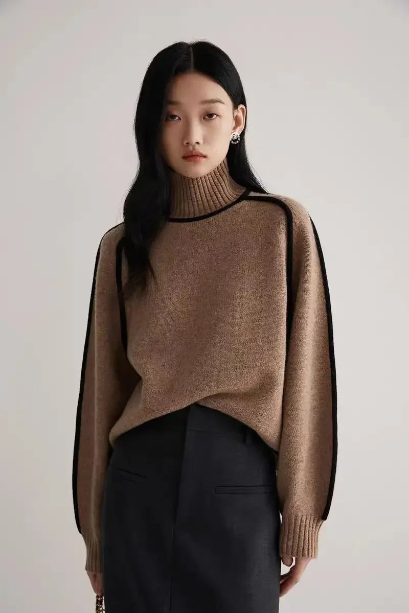 Turtleneck Sweater Women Contrast Panel Soft Knit