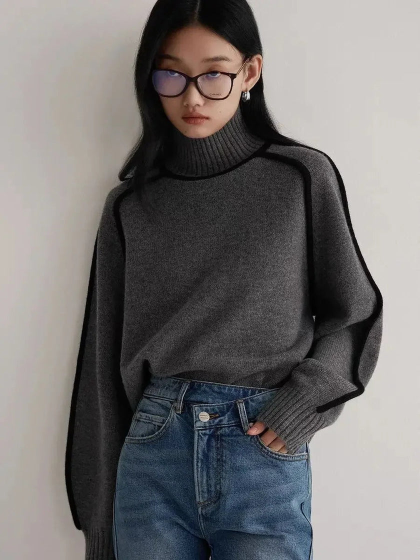 Turtleneck Sweater Women Contrast Panel Soft Knit