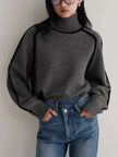Turtleneck Sweater Women Contrast Panel Soft Knit