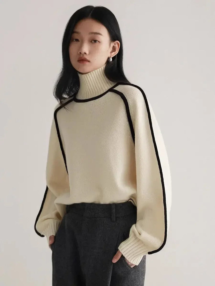 Turtleneck Sweater Women Contrast Panel Soft Knit