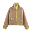 Colour Block Jacket Women Stand Collar Relaxed Fit