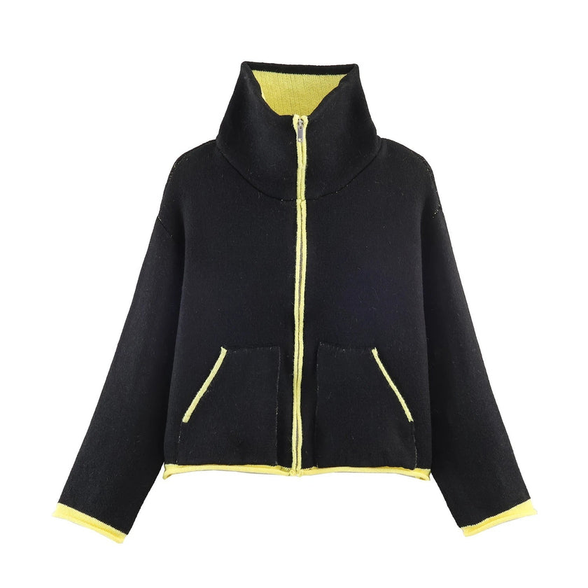 Colour Block Jacket Women Stand Collar Relaxed Fit