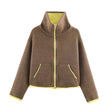 Colour Block Jacket Women Stand Collar Relaxed Fit