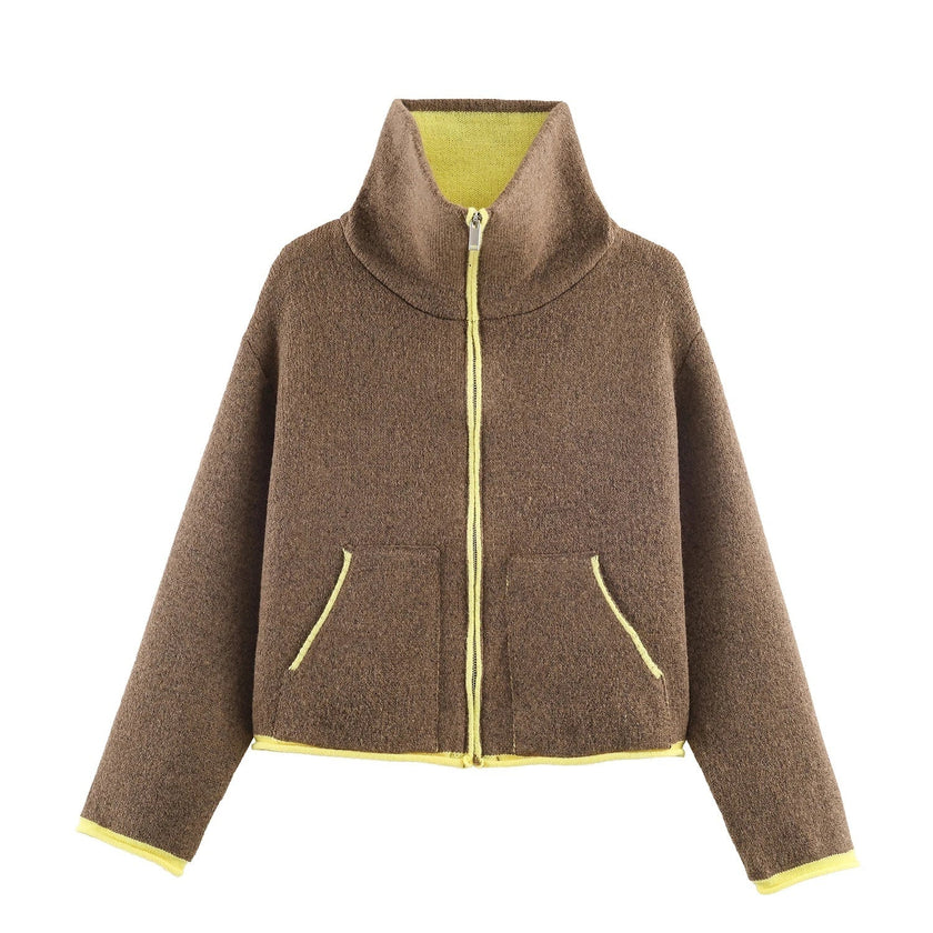 Colour Block Jacket Women Stand Collar Relaxed Fit