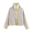 Colour Block Jacket Women Stand Collar Relaxed Fit