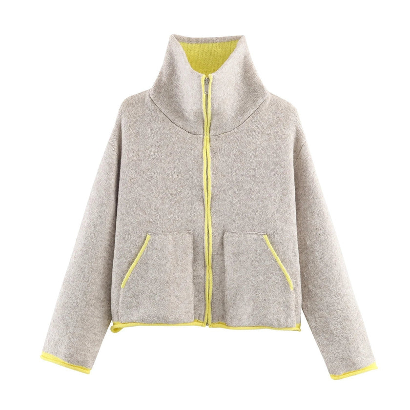 Colour Block Jacket Women Stand Collar Relaxed Fit