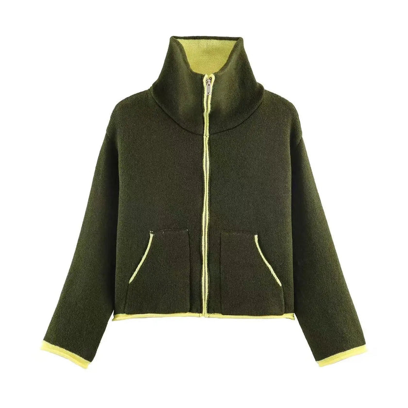 Colour Block Jacket Women Stand Collar Relaxed Fit