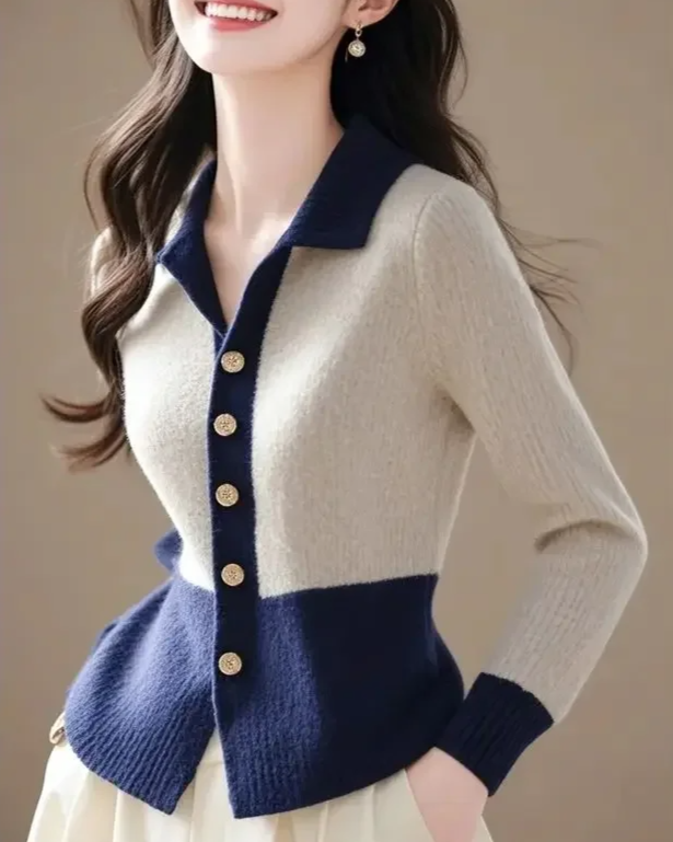 Knit Cardigan Women Contrast Trim Fitted Waist