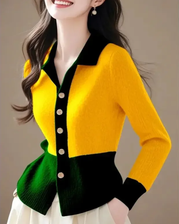 Knit Cardigan Women Contrast Trim Fitted Waist