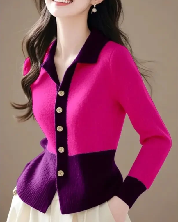 Knit Cardigan Women Contrast Trim Fitted Waist
