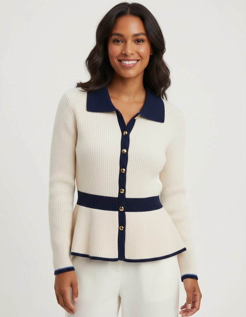 Knit Cardigan Women Contrast Trim Fitted Waist
