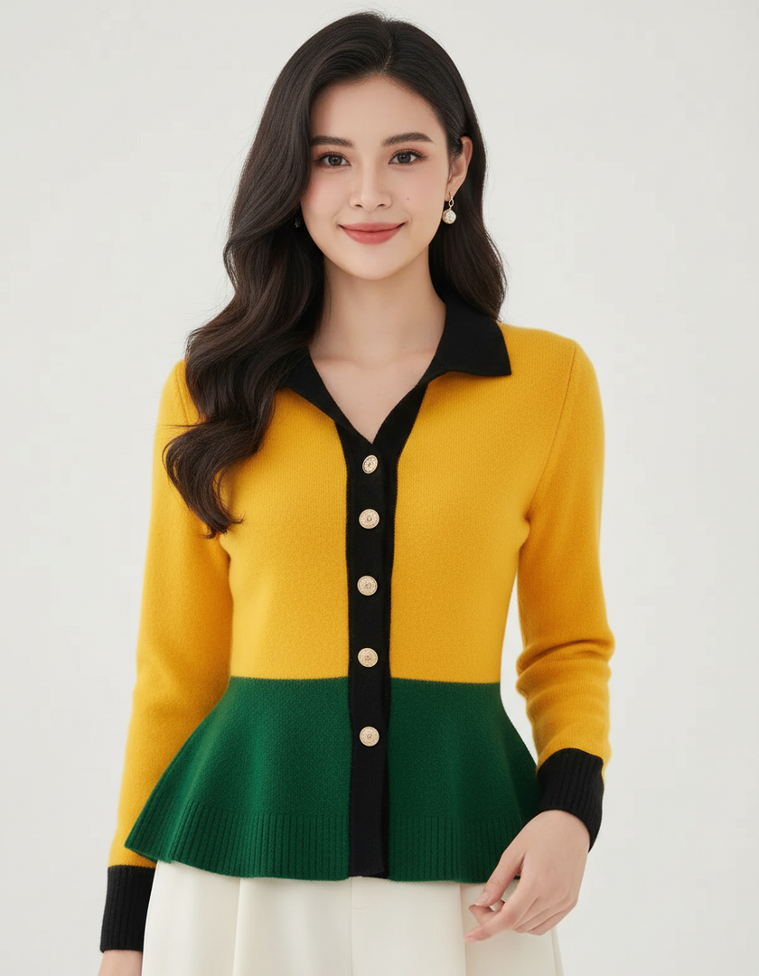 Knit Cardigan Women Contrast Trim Fitted Waist