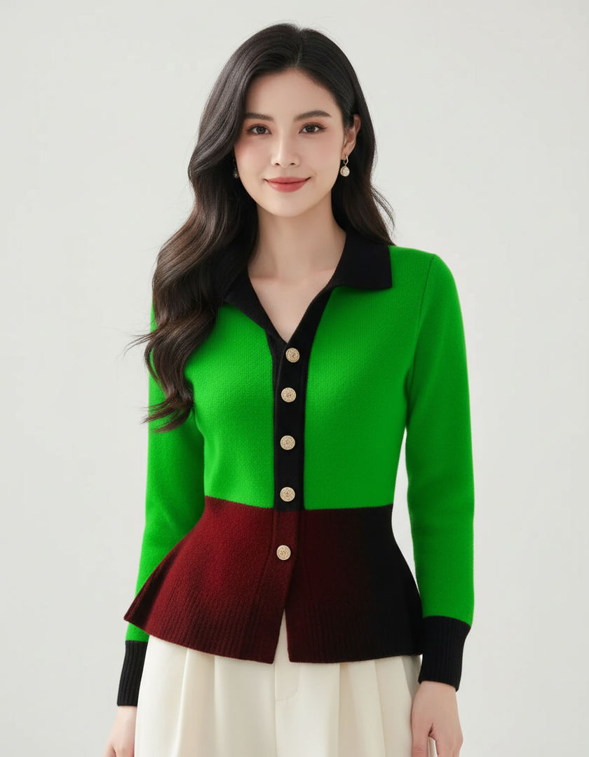 Knit Cardigan Women Contrast Trim Fitted Waist