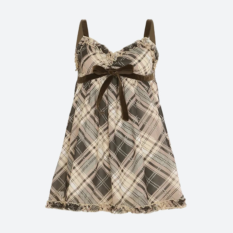 FJØRNA Coquette plaid mini dress for women, stylish party and day dress with a classic plaid pattern and fitted silhouette.