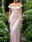FJØRNA Coquette Princess satin maxi dress for women, elegant evening and formal wear with a flowing silhouette and intricate details.