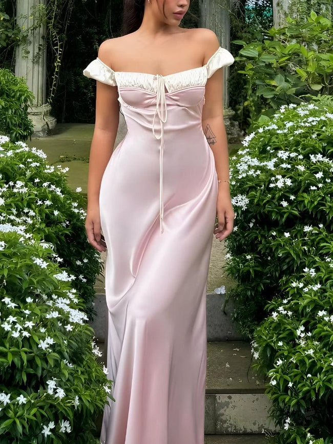 FJØRNA Coquette Princess satin maxi dress for women, elegant evening and formal wear with a flowing silhouette and intricate details.