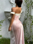 FJØRNA Coquette Princess satin maxi dress for women, elegant evening and formal wear with flowing fabric and intricate design.